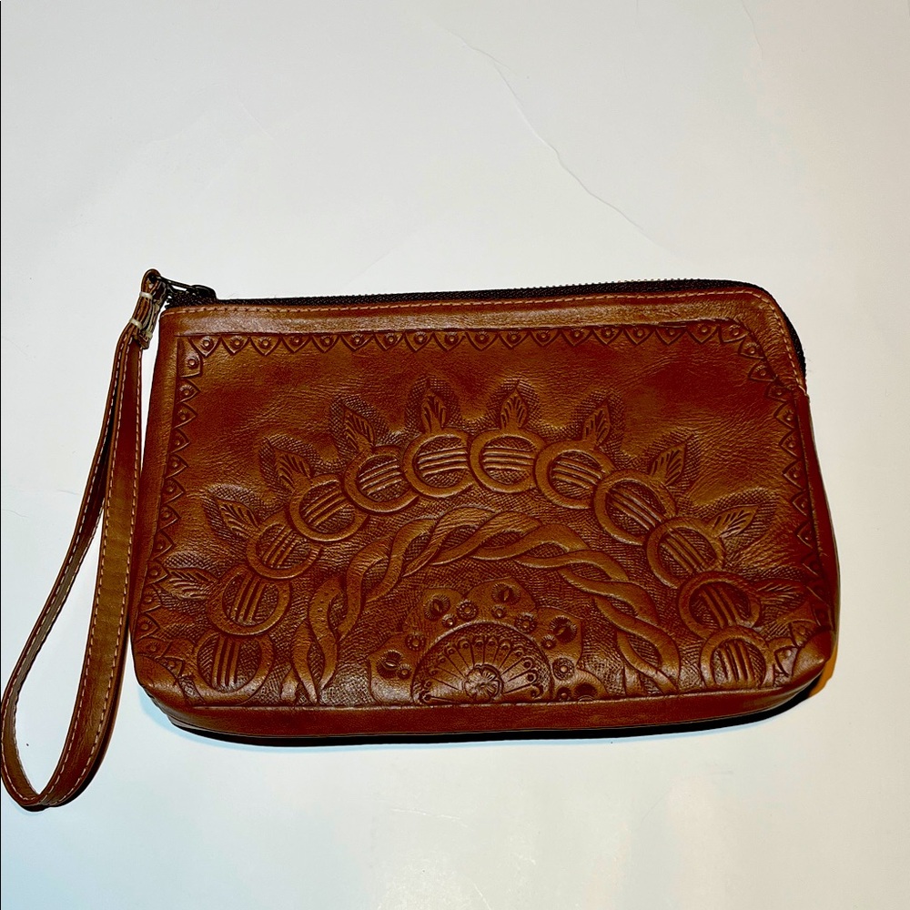 Labrado Leather Florentine Hand Tooled Wristlet Brown Pouch New